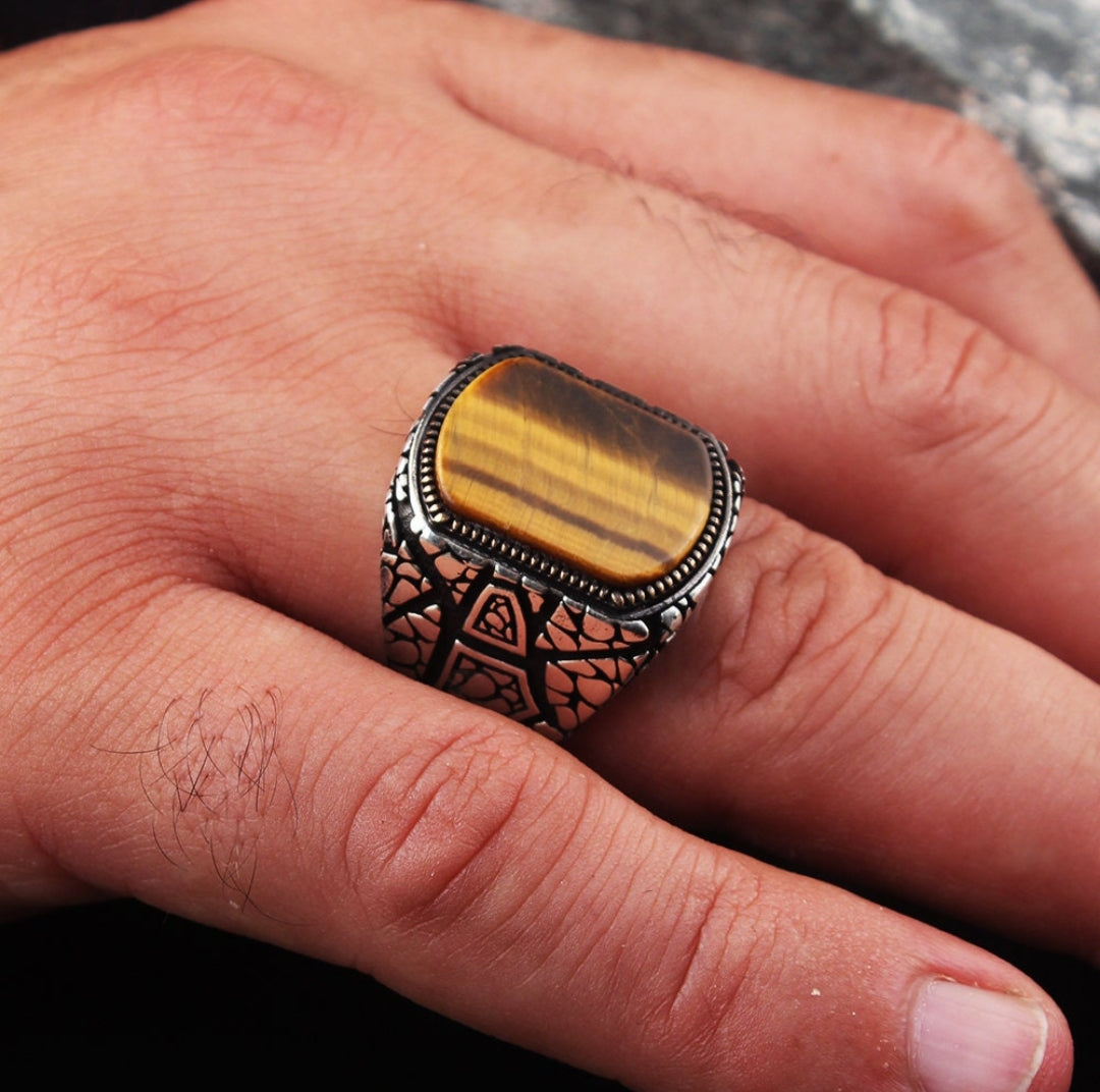 Zyan Gems | Unique Designed Turkish Style Ring with Natural Tiger Eye |  Sterling Silver Oxidized Ring