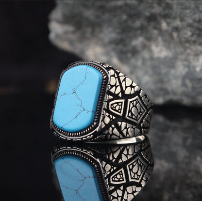 Zyan Gems | Unique Designed Turkish Style Ring with Natural Irani Turquoise (Firoza) |  Sterling Silver Oxidized Ring