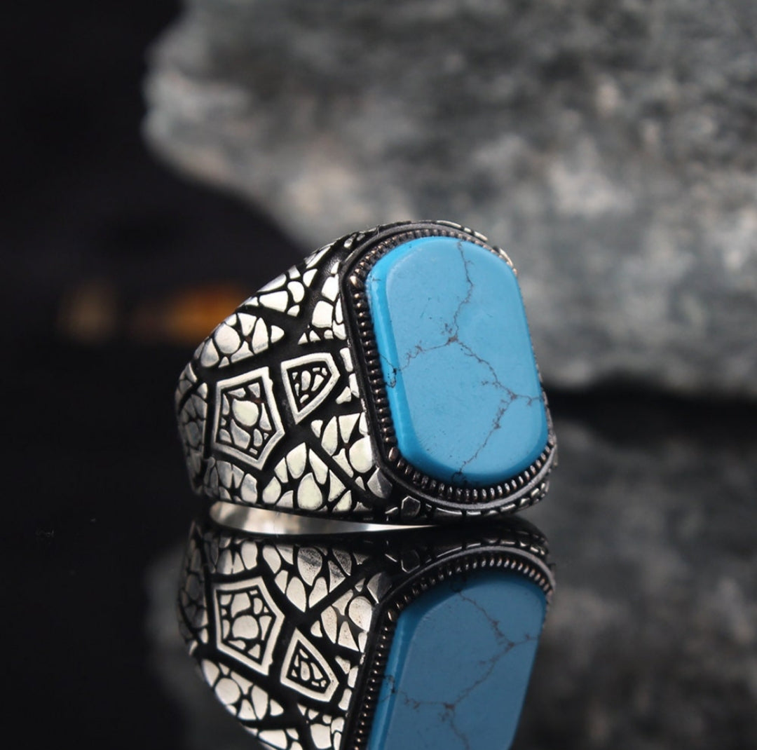 Zyan Gems | Unique Designed Turkish Style Ring with Natural Irani Turquoise (Firoza) |  Sterling Silver Oxidized Ring