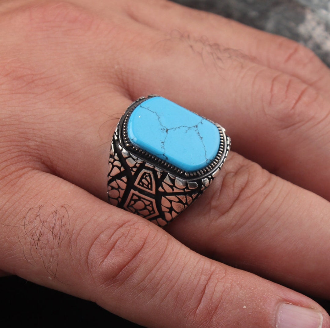 Zyan Gems | Unique Designed Turkish Style Ring with Natural Irani Turquoise (Firoza) |  Sterling Silver Oxidized Ring