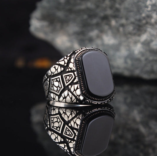 Zyan Gems | Unique Designed Turkish Style Ring with Natural Black Onyx |  Sterling Silver Oxidized Ring