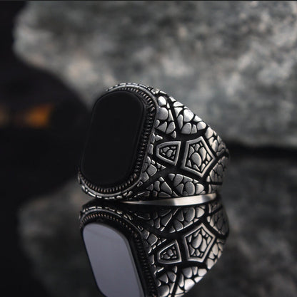 Zyan Gems | Unique Designed Turkish Style Ring with Natural Black Onyx |  Sterling Silver Oxidized Ring