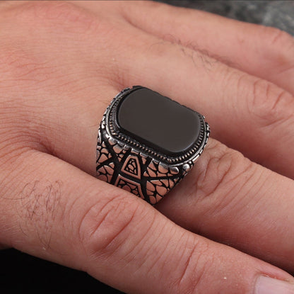 Zyan Gems | Unique Designed Turkish Style Ring with Natural Black Onyx |  Sterling Silver Oxidized Ring