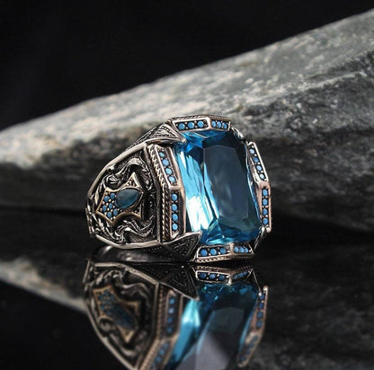 Zyan Gems | Unique Designed Turkish Style Heavy Ring with Blue Topaz |  Sterling Silver Oxidized Ring