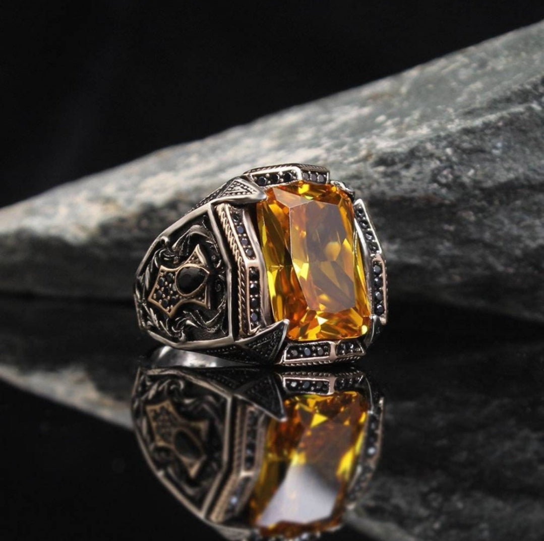 Zyan Gems | Unique Designed Turkish Style Heavy Ring with Natural Yellow Citrine |  Sterling Silver Oxidized Ring