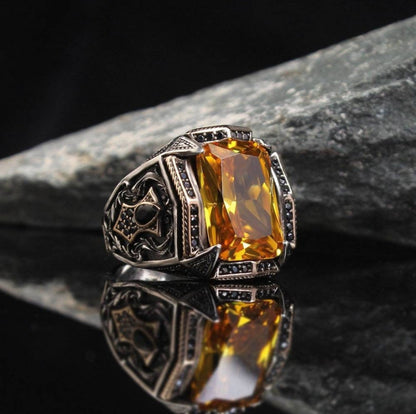 Zyan Gems | Unique Designed Turkish Style Heavy Ring with Natural Yellow Citrine |  Sterling Silver Oxidized Ring