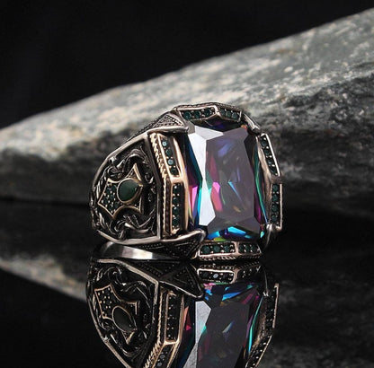 Zyan Gems | Unique Designed Turkish Style Heavy Ring with Multicolored Alexandrite | 925 Sterling Silver Oxidized Ring Jewelry Authenticity and 925