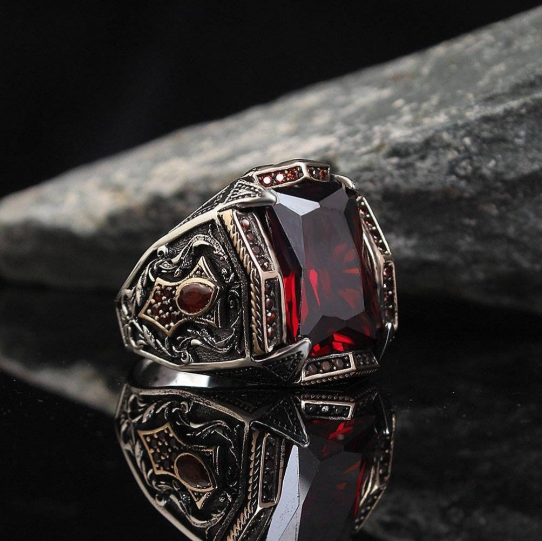 Zyan Gems | Unique Designed Turkish Style Heavy Ring with Red Zircon |  Sterling Silver Oxidized Ring