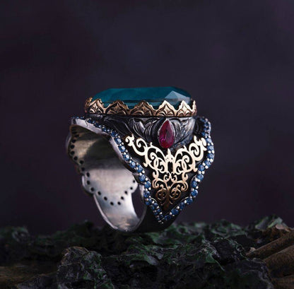 Zyan Gems | Unique Designed Turkish Style Heavy Ring with Blue Topaz GOLD PLATED Micron & Black Rhodium Plated  Sterling Silver Ring