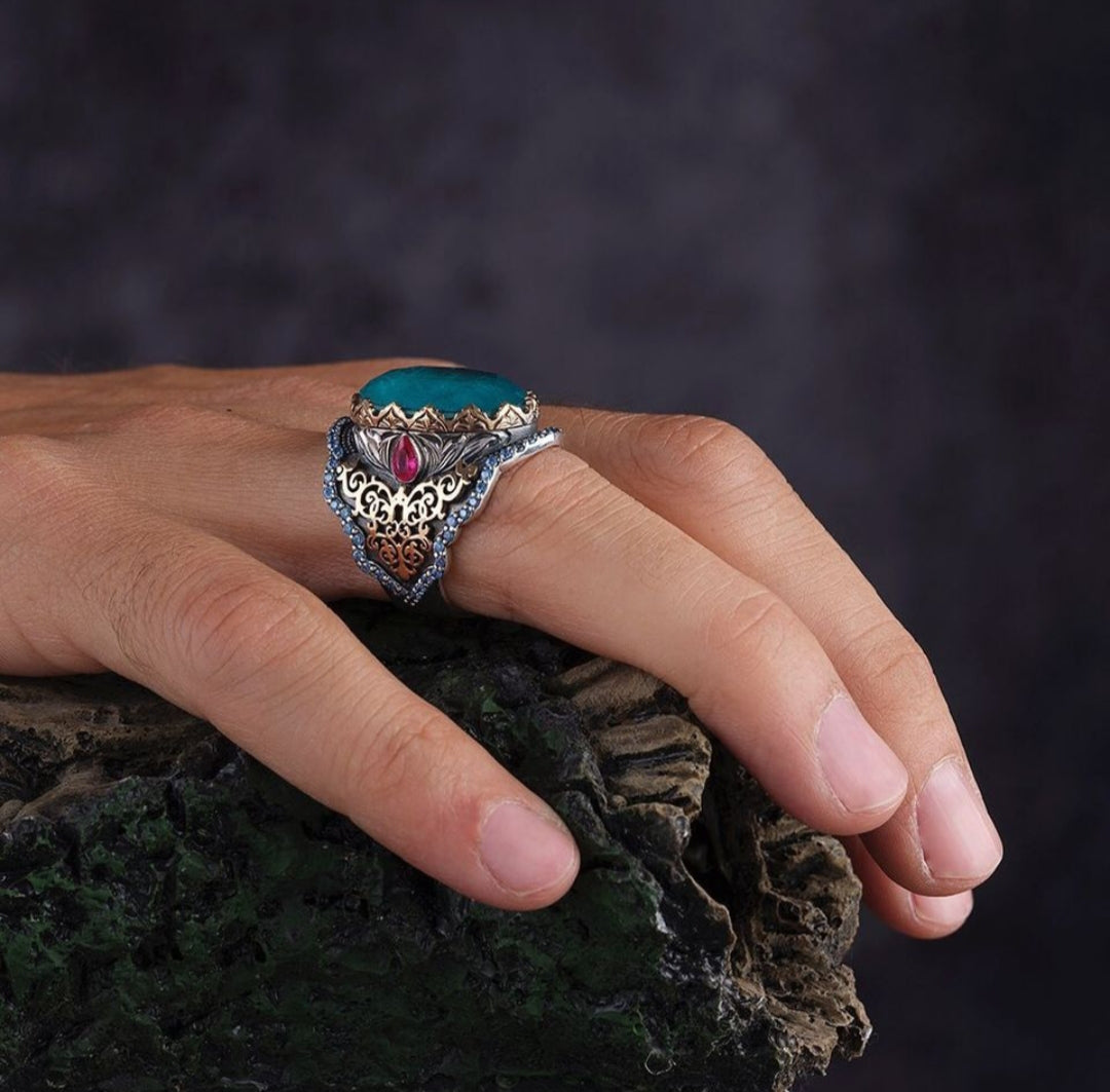 Zyan Gems | Unique Designed Turkish Style Heavy Ring with Blue Topaz GOLD PLATED Micron & Black Rhodium Plated  Sterling Silver Ring