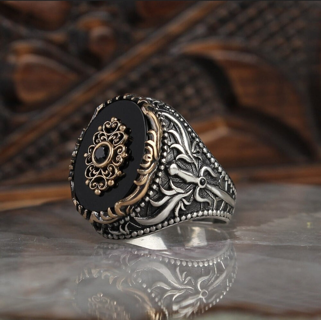 Zyan Gems | Unique Designed Turkish Style Ring with Natural Black Onyx |  Sterling Silver Oxidized Ring