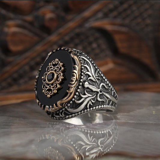 Zyan Gems | Unique Designed Turkish Style Ring with Natural Black Onyx |  Sterling Silver Oxidized Ring