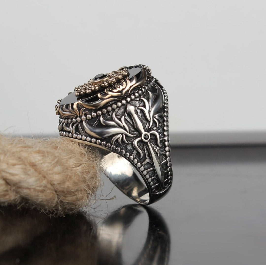 Zyan Gems | Unique Designed Turkish Style Ring with Natural Black Onyx |  Sterling Silver Oxidized Ring