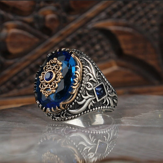 Zyan Gems | Unique Designed Turkish Style Ring with Blue Zircon |  Sterling Silver Oxidized Ring