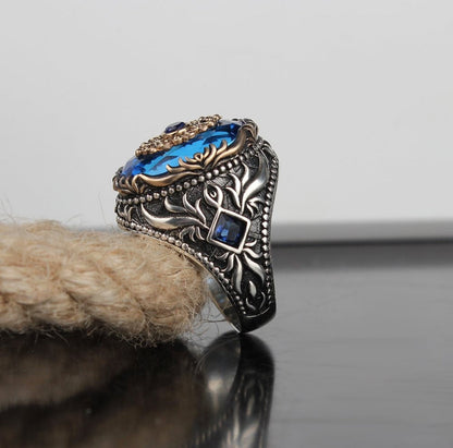 Zyan Gems | Unique Designed Turkish Style Ring with Blue Zircon |  Sterling Silver Oxidized Ring