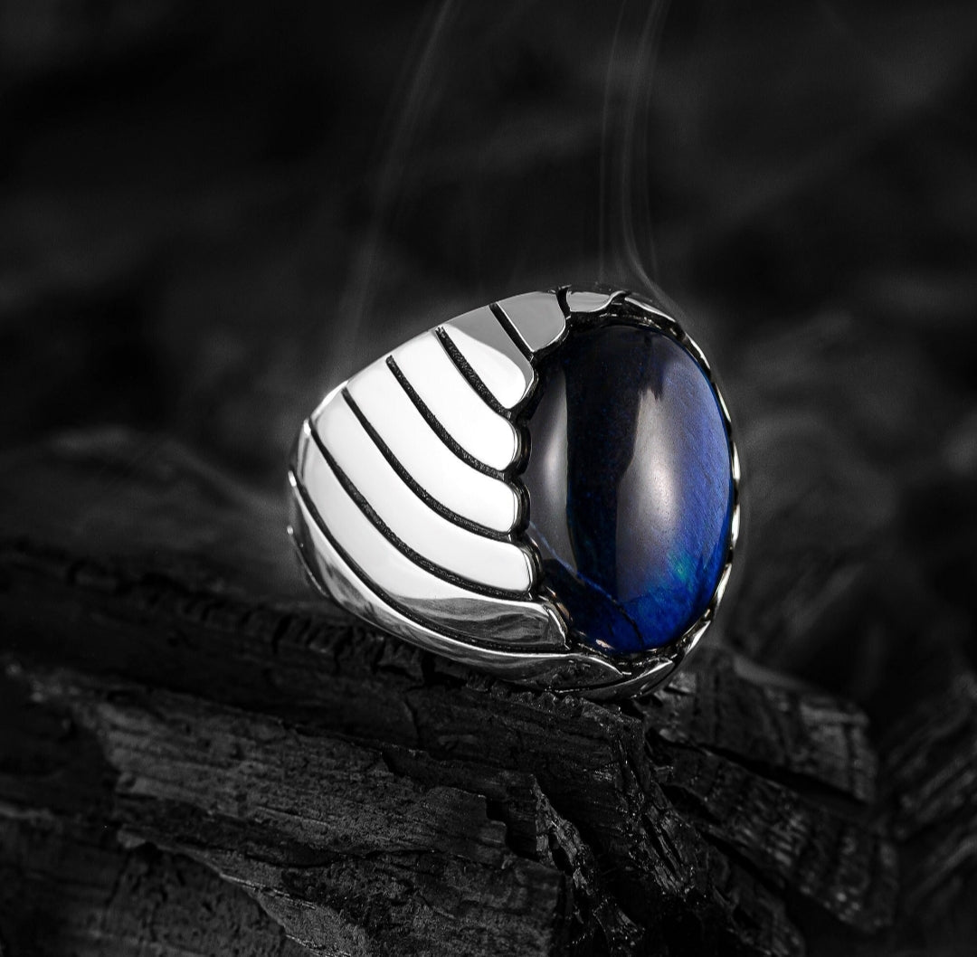 Unique Designed Turkish Style Ring with Blue Sapphire (Neelam),  Sterling Silver Oxidized Ring