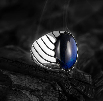 Unique Designed Turkish Style Ring with Blue Sapphire (Neelam),  Sterling Silver Oxidized Ring