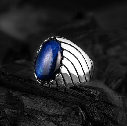 Unique Designed Turkish Style Ring with Blue Sapphire (Neelam),  Sterling Silver Oxidized Ring