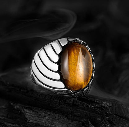 Zyan Gems | Unique Designed Turkish Style Ring with Natural Tiger Eye |  Sterling Silver Oxidized Ring