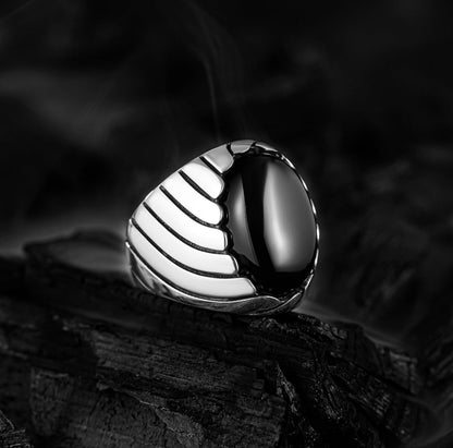 Zyan Gems | Unique Designed Turkish Style Ring with Natural Black Onyx ,  Sterling Silver Oxidized Ring