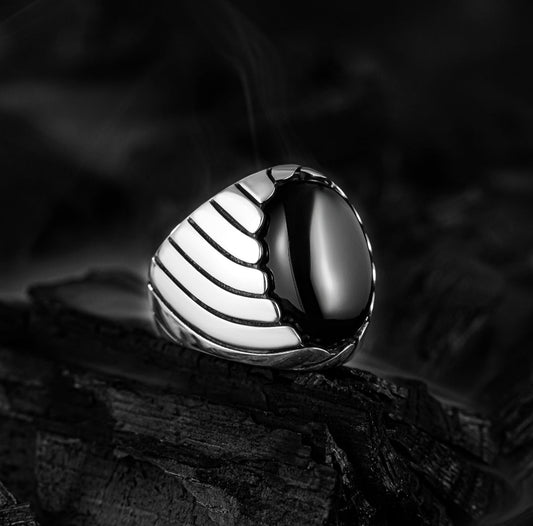 Zyan Gems | Unique Designed Turkish Style Ring with Natural Black Onyx ,  Sterling Silver Oxidized Ring