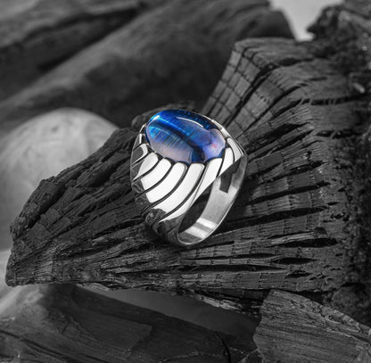 Unique Designed Turkish Style Ring with Blue Sapphire (Neelam),  Sterling Silver Oxidized Ring