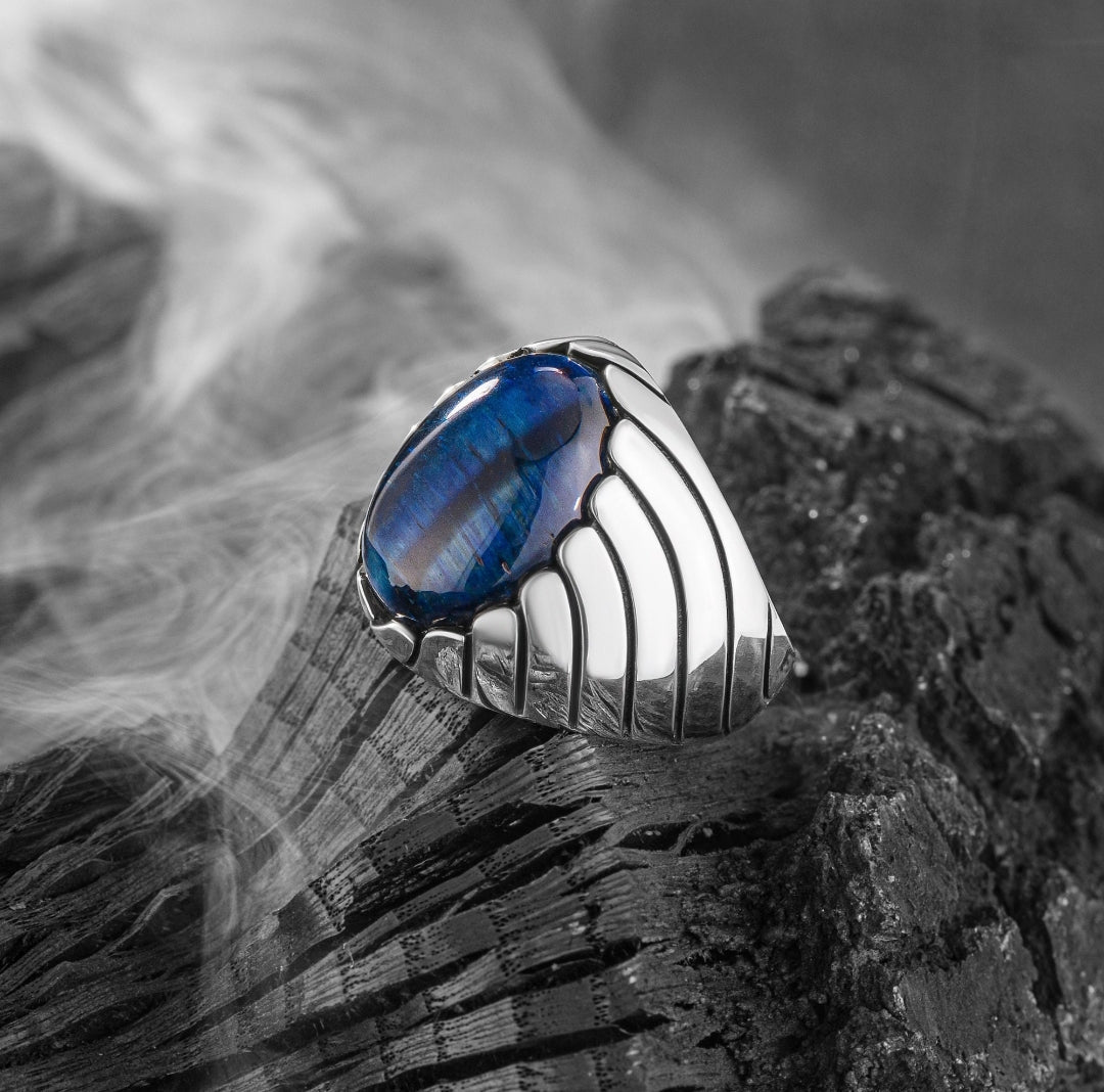 Unique Designed Turkish Style Ring with Blue Sapphire (Neelam),  Sterling Silver Oxidized Ring