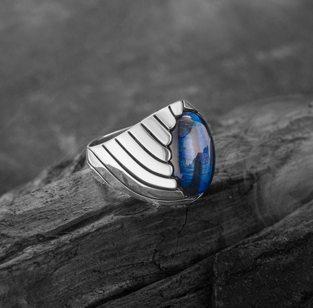 Unique Designed Turkish Style Ring with Blue Sapphire (Neelam),  Sterling Silver Oxidized Ring
