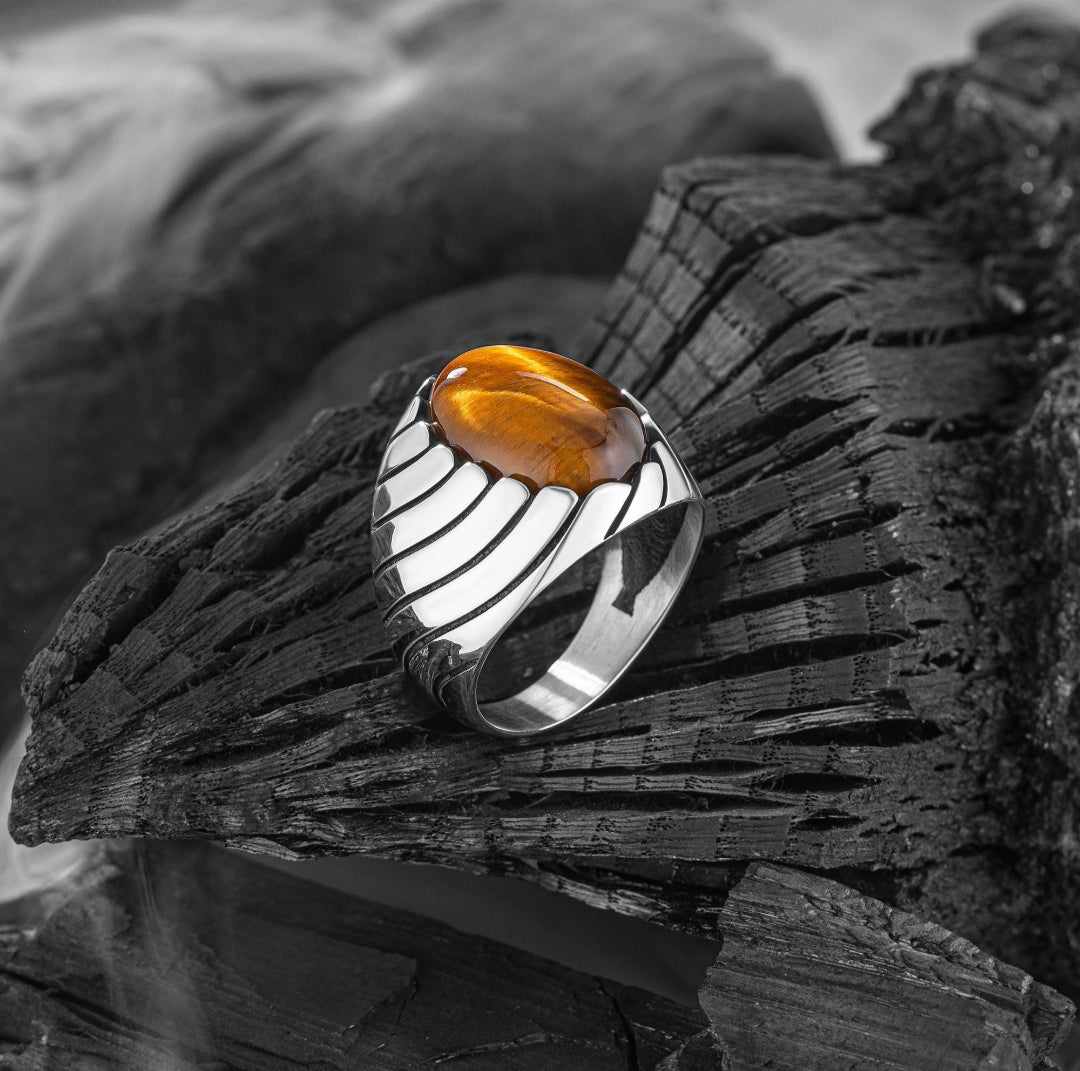Zyan Gems | Unique Designed Turkish Style Ring with Natural Tiger Eye |  Sterling Silver Oxidized Ring