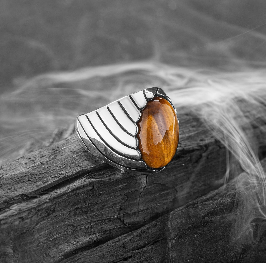 Zyan Gems | Unique Designed Turkish Style Ring with Natural Tiger Eye |  Sterling Silver Oxidized Ring