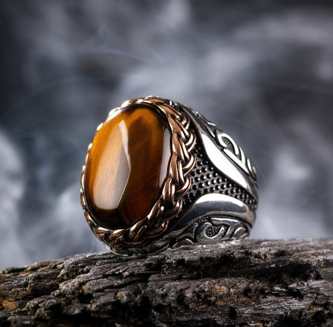 Zyan Gems | Unique Designed Turkish Style Ring with Natural Tiger Eye |  Sterling Silver Oxidized Ring