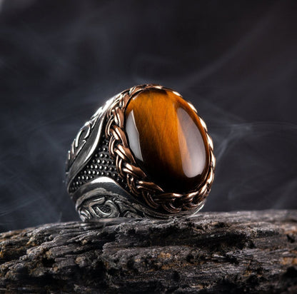 Zyan Gems | Unique Designed Turkish Style Ring with Natural Tiger Eye |  Sterling Silver Oxidized Ring