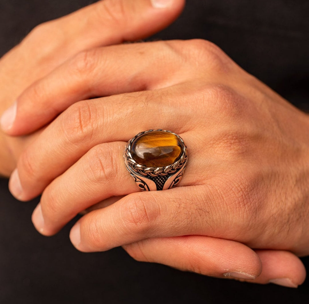 Zyan Gems | Unique Designed Turkish Style Ring with Natural Tiger Eye |  Sterling Silver Oxidized Ring