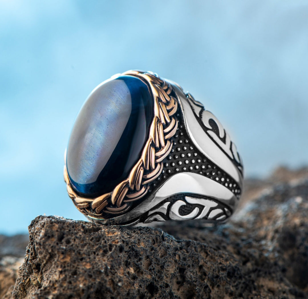 Zyan Gems | Unique Designed Turkish Style Ring with Blue Sapphire |  Sterling Silver Oxidized Ring