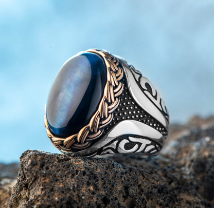 Zyan Gems | Unique Designed Turkish Style Ring with Blue Sapphire |  Sterling Silver Oxidized Ring