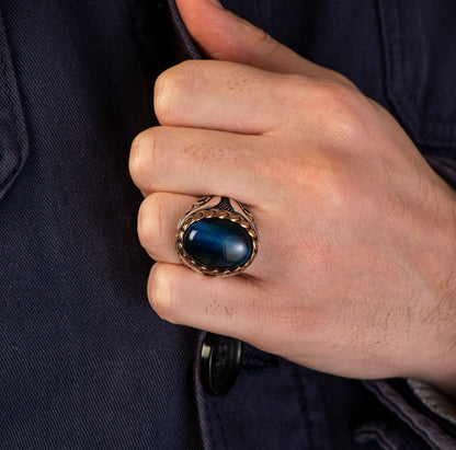 Zyan Gems | Unique Designed Turkish Style Ring with Blue Sapphire |  Sterling Silver Oxidized Ring