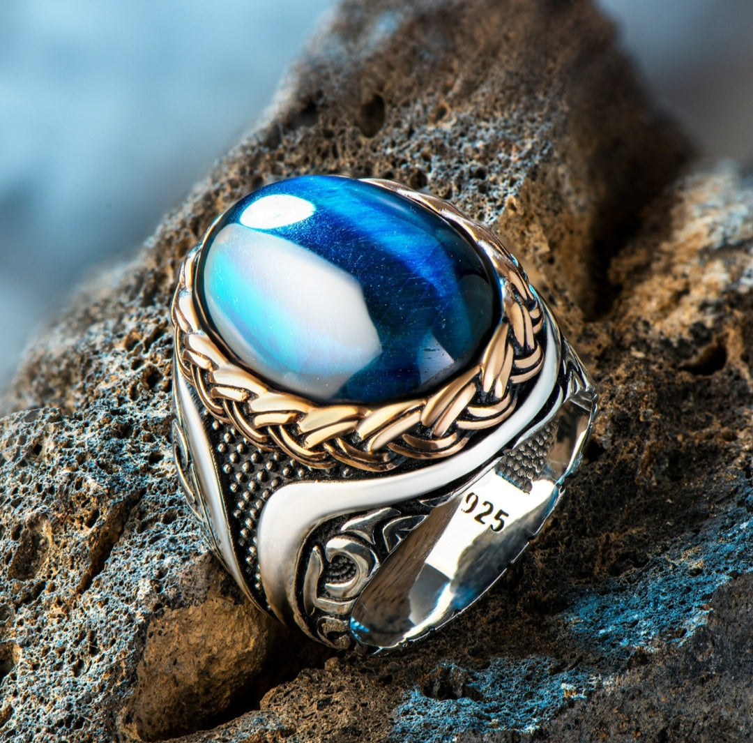 Zyan Gems | Unique Designed Turkish Style Ring with Blue Sapphire |  Sterling Silver Oxidized Ring