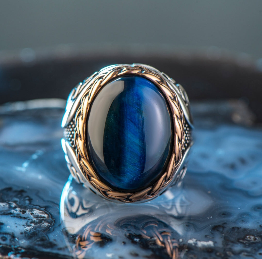 Zyan Gems | Unique Designed Turkish Style Ring with Blue Sapphire |  Sterling Silver Oxidized Ring