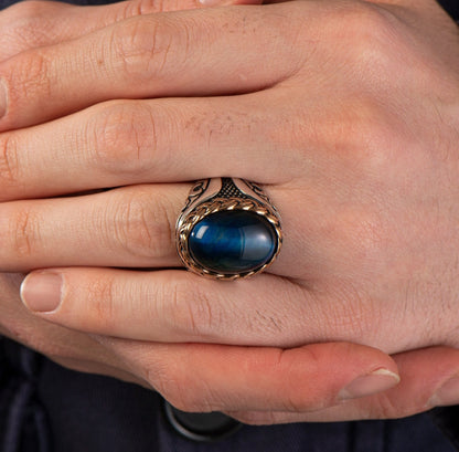 Zyan Gems | Unique Designed Turkish Style Ring with Blue Sapphire |  Sterling Silver Oxidized Ring
