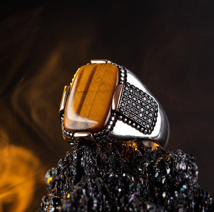 Zyan Gems | Unique Designed Turkish Style Ring with Natural Tiger Eye  |  Sterling Silver Oxidized Ring