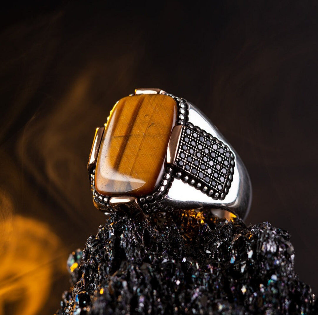 Zyan Gems | Unique Designed Turkish Style Ring with Natural Tiger Eye  |  Sterling Silver Oxidized Ring