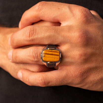 Zyan Gems | Unique Designed Turkish Style Ring with Natural Tiger Eye  |  Sterling Silver Oxidized Ring