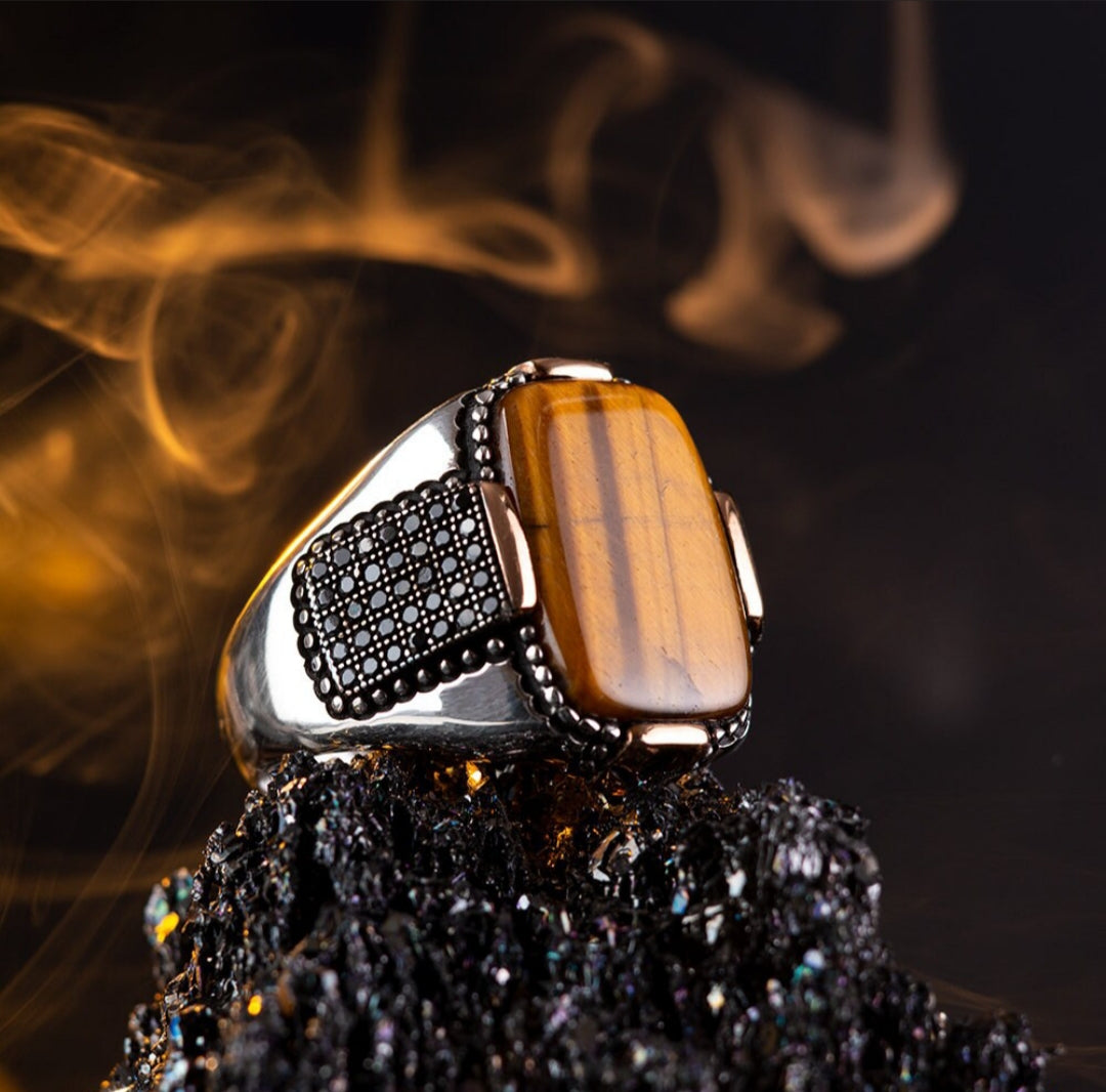 Zyan Gems | Unique Designed Turkish Style Ring with Natural Tiger Eye  |  Sterling Silver Oxidized Ring