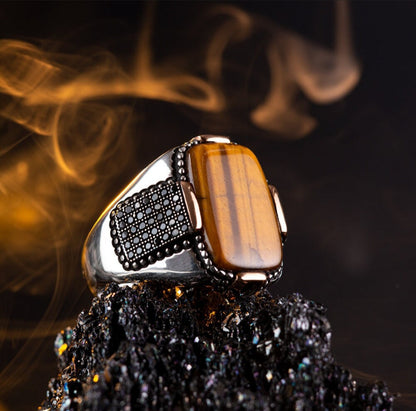 Zyan Gems | Unique Designed Turkish Style Ring with Natural Tiger Eye  |  Sterling Silver Oxidized Ring