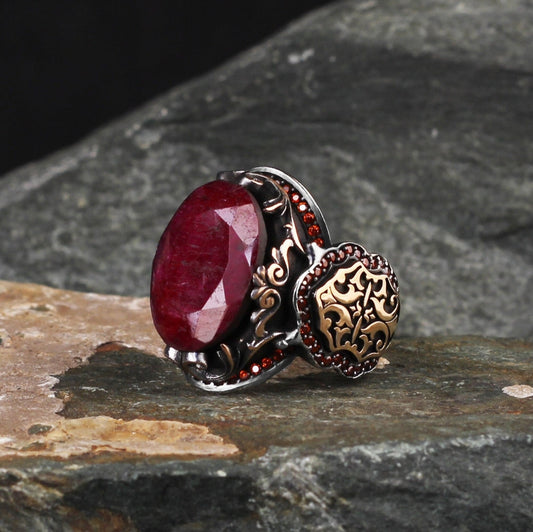 Zyan Gems | Unique Designed Turkish Style Heavy Ring with Natural Red Ruby GOLD PLATED Micron Plated 925 Sterling Silver Oxidized Ring Jewelry Authenticity and 925