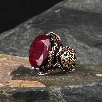 Zyan Gems | Unique Designed Turkish Style Heavy Ring with Natural Red Ruby |  Gold Micron Plated  Sterling Silver Oxidized Ring