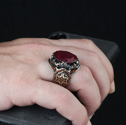 Zyan Gems | Unique Designed Turkish Style Heavy Ring with Natural Red Ruby GOLD PLATED Micron Plated 925 Sterling Silver Oxidized Ring Jewelry Authenticity and 925