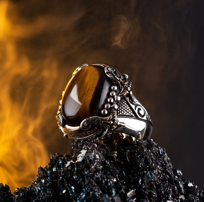 Zyan Gems | Unique Designed Turkish Style Ring with Zulfiqar Sword and Natural Tiger Eye  |  Sterling Silver Oxidized Ring