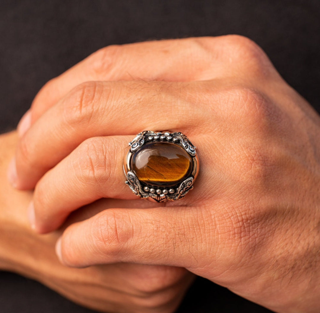Zyan Gems | Unique Designed Turkish Style Ring with Zulfiqar Sword and Natural Tiger Eye  |  Sterling Silver Oxidized Ring