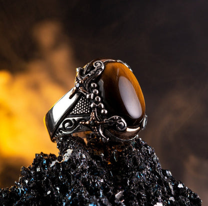 Zyan Gems | Unique Designed Turkish Style Ring with Zulfiqar Sword and Natural Tiger Eye  |  Sterling Silver Oxidized Ring